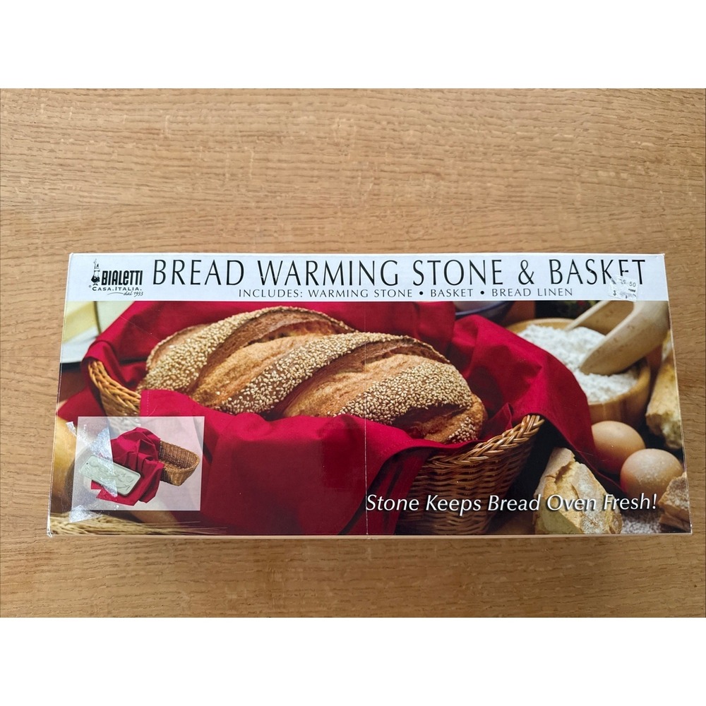 Bialetti 3 Piece Bread Warming Set Stone, 15" Wicker Basket & Napkin/Linen IOB